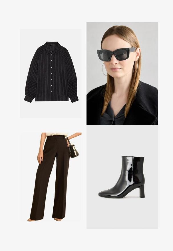 Juodas marškiniai su baltais dryžiais, su smailiu apykakle, ilgomis rankovėmis ir elastingais rankogaliais. Pagaminta iš tekstūruoto audinio.; Platus kojų kelnės iš tamsiai rudos medžiagos, su aukštu liemeniu, pritaikyta išvaizda ir lygia tekstūra. Pažįstama su maža rankine.; Juodos lakuotos odinės aulinukės su smailiu pirštu ir vidutinio aukščio blokuotu kulnu. Lygus paviršius ir minimalistinis dizainas.; Juodos katės akies saulės akiniai su tamsiais objektyvais, storo rėmo ir subtiliais akcentais. Dėvimi su juodu paltu ir pilku viršumi, turinčiu ilgus tiesius plaukus.