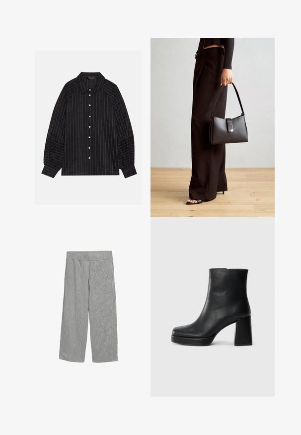 Schwarze Button-Up-Hemd mit weißen Streifen, featuring einen spitzen Kragen, langen Ärmeln und elastischen Bündchen. Hergestellt aus einem strukturierten Stoff.; Leichte, graue Hose mit vertikalem Streifenmuster, weitem Schnitt, elastischem Bund und ohne sichtbare Taschen.; Schwarze Leder-Stiefelette mit Blockabsatz und Plattformsohle, seitlich auf einem schlichten weißen Hintergrund betrachtet.; Schwarze Handtasche mit strukturierter Form, glatter Textur und einem metallischen Verschluss. Kombiniert mit weiten schwarzen Hosen und offenen Sandalen auf einem Holzboden.