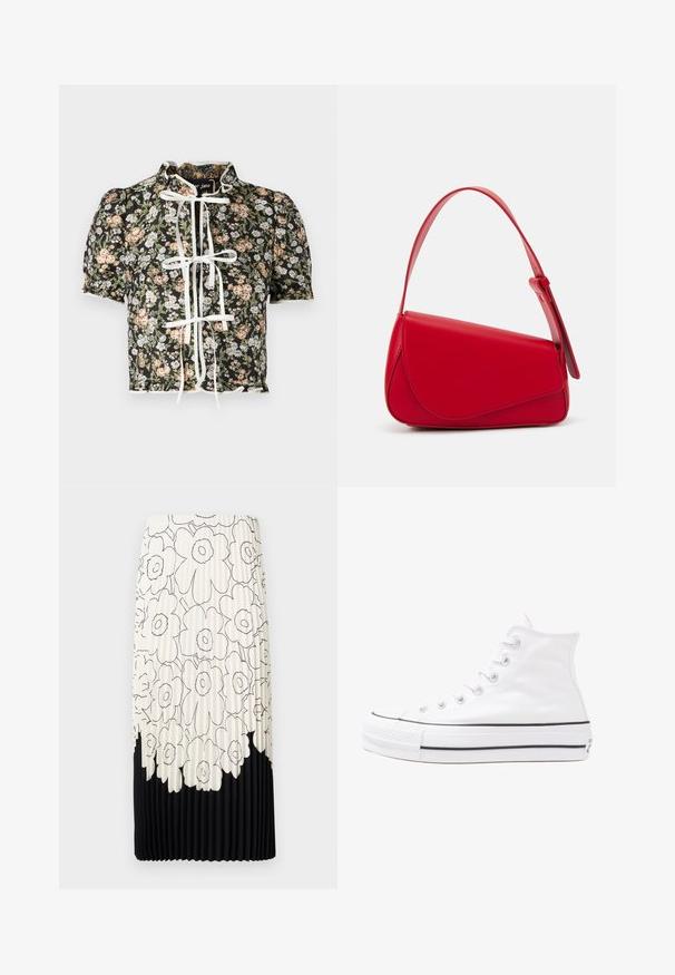 Short-sleeve blouse with a black floral print, white bow tie closure, and gathered shoulders. Decorative scalloped hem with textured fabric.; Pleated skirt with a floral black and white pattern, featuring a light top half with flowers and a solid black bottom hem.; White high-top canvas sneaker with black rubber sole, front rubber toe cap, and six eyelets for laces, featuring a clean, minimalist design.; Red leather handbag with an angular, geometric design. Features a single adjustable strap and a flap closure with stitched detailing.