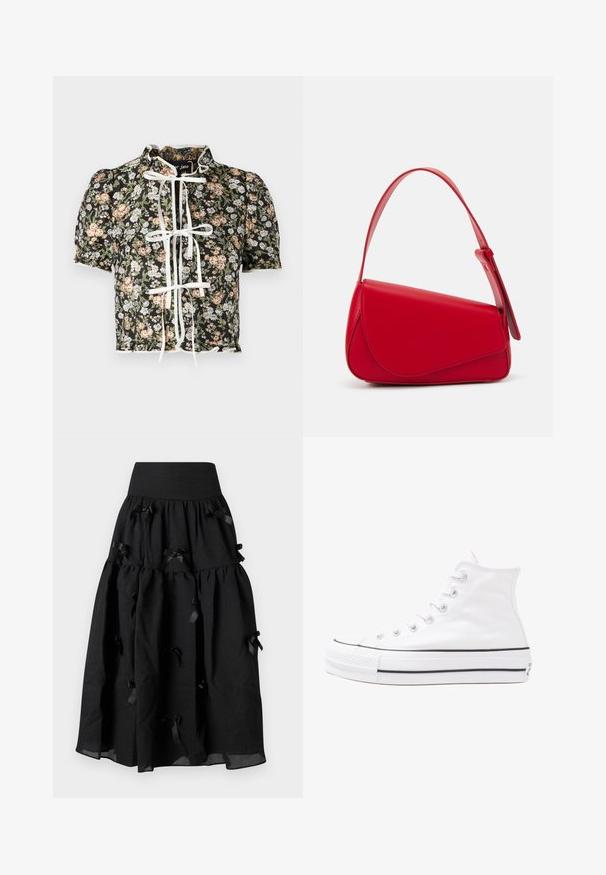 Blúzka s krátkymi rukávmi s čiernou kvetinovou potlačou, bielym uzáverom na mašľu a zberanými plecami. Dekoratívny zúbkovaný lem so štruktúrovanou tkaninou.; Sister Jane BIRDIE BOW MIDI SKIRT - sukňa v tvare A - black; Biele vysoké plátené tenisky s čiernou gumovou podošvou, prednou gumovou špičkou a šiestimi okami na šnúrky, s čistým, minimalistickým dizajnom.; Červená kožená kabelka s ostrým, geometrickým dizajnom. Má jeden nastaviteľný popruh a uzatváranie na klopu so šitím.