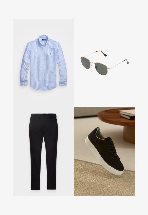 Camicia a maniche lunghe a righe bianche e blu in cotone, con colletto button-down, bottoni frontali e un piccolo logo ricamato sul petto.; Chino neri realizzati in tessuto morbido con un taglio dritto. Caratterizzati da chiusura frontale con bottone e tasche laterali, con un design pulito e minimale.; Sneaker nero con suola bianca che flotta sopra un tappeto beige testurizzato vicino a un tavolo rotondo in legno con libri impilati.; Occhiali da sole con montatura in metallo dorato e lenti verde scuro, stile aviator, con aste sottili e dettagli in tartaruga sulle punte.