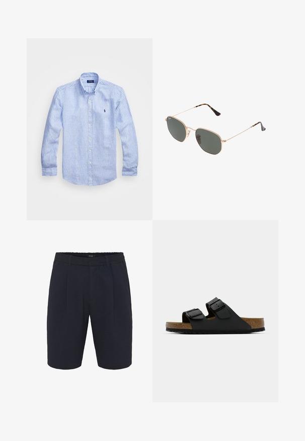 Zila un baltā svītru garām piedurknēm krekls izgatavots no kokvilnas, ar pogājamu apkakli, priekšējām pogām un nelielu izšūtu logotipu uz krūtīm.; Jūras zilas austas šorti ar teksturētu audumu, piedāvājot brīvu griezumu, elastīgu jostu un priekšējām krokām. Vienkāršs dizains bez kabatām.; Melnas slaidu sandales, kas izgatavotas no sintētiskā materiāla, ar divām regulējamām siksnām un metāla sprādzēm; korķa apakšpuse un teksturēta gumijas zole.; Zelta metāla rāmis saulesbrilles ar tumši zaļiem stikliem, aviator stils, ar šaurām kājām un bruņu akcentiem uz galiem.