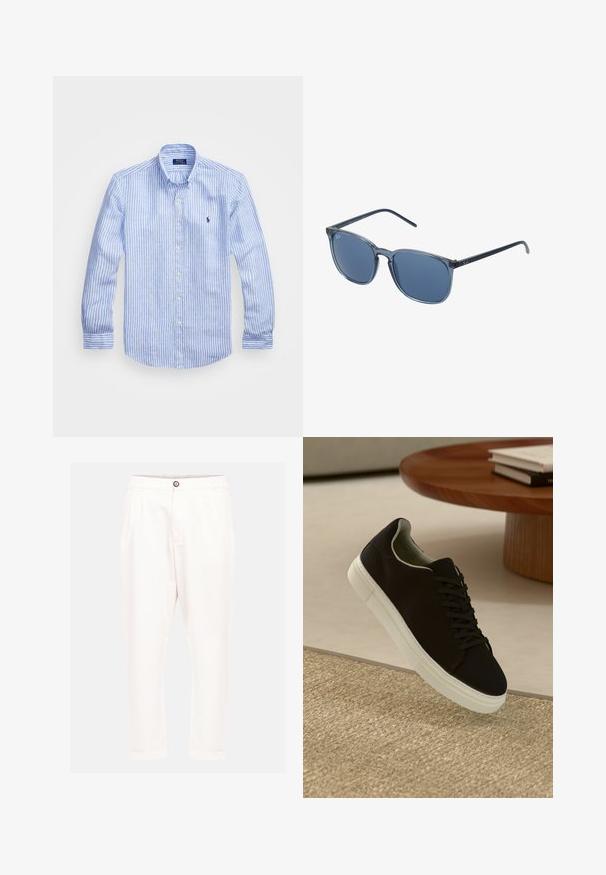 Blå och vit randig långärmad skjorta i bomull, med en knapp ner-krage, framknappar och en liten broderad logotyp på bröstet.; Vita bomullshängselbyxor med avslappnad passform, med en knappstängning fram, två sidofickor och uppvikta fållar. Slät textur och rena linjer.; Svart sneakers med vit sula svävande över en beige texturerad matta nära ett runt träbord med staplade böcker.; Blå rektangulära solglasögon med gråtonade linser, plastbåge, metalliska detaljer och en matt finish på bågarna.