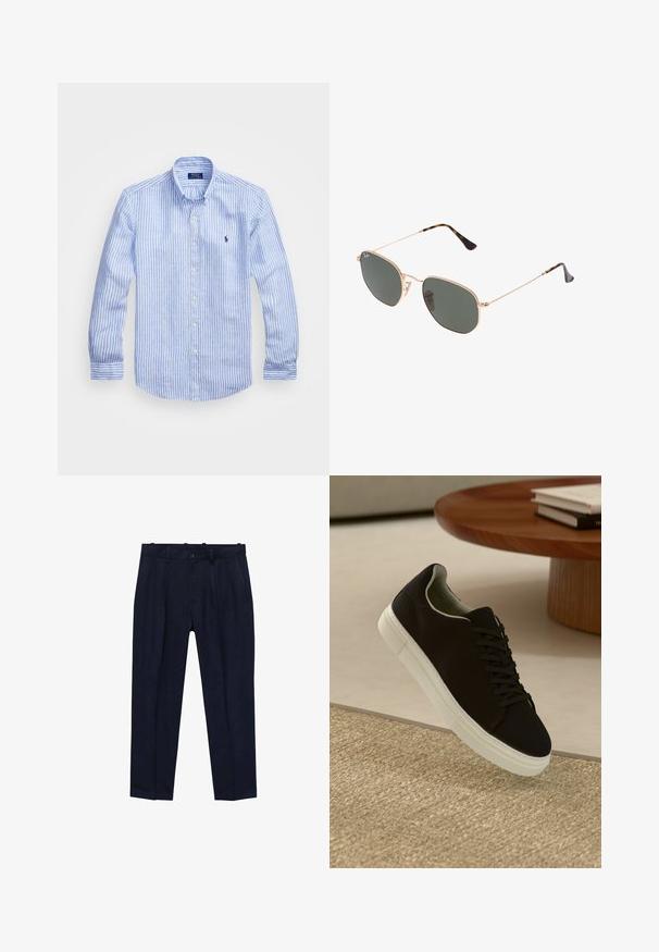 Camicia a maniche lunghe a righe bianche e blu in cotone, con colletto button-down, bottoni frontali e un piccolo logo ricamato sul petto.; Pantaloni navy realizzati in tessuto liscio, con un fit leggermente sagomato, pieghe frontali, passanti per cintura e chiusura a un bottone.; Sneaker nero con suola bianca che flotta sopra un tappeto beige testurizzato vicino a un tavolo rotondo in legno con libri impilati.; Occhiali da sole con montatura in metallo dorato e lenti verde scuro, stile aviator, con aste sottili e dettagli in tartaruga sulle punte.