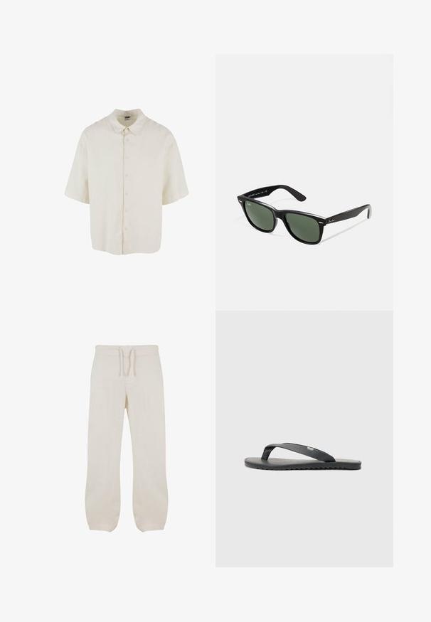 Lyhytnorminen paita vaniljavärisestä kankaasta, jossa on rento leikkaus, nappikiinnitys ja klassinen kauluksesta.; Vaaleanbeige pellavahousut, joissa on joustava vyötärö ja kiristysnyöri. Suora lahje, jossa on sileä pinta ja pieni kapeneminen nilkoissa.; Musta flip-flop teksturoiduilla remmeillä, tasapohjalla ja sahalaitapinnalla. Valmistettu kumista, jossa on sileä pinta ja minimalistinen muotoilu.; Mustat muoviset aurinkolasit, joissa on vihreät linssit, neliönmuotoiset kehykset, hopeinen yksityiskohta kulmakarvojen kohdalla sekä tekstuuriset temppeleiden varret. Brändi ilmoitettu sisävarsissa.; Kultaineen ketjun kaulakoru, jossa on sileä ja hoikka muotoilu. Varustettu hummerikoukulla ja säädettävällä pituudella mukautuvan istuvuuden saavuttamiseksi.