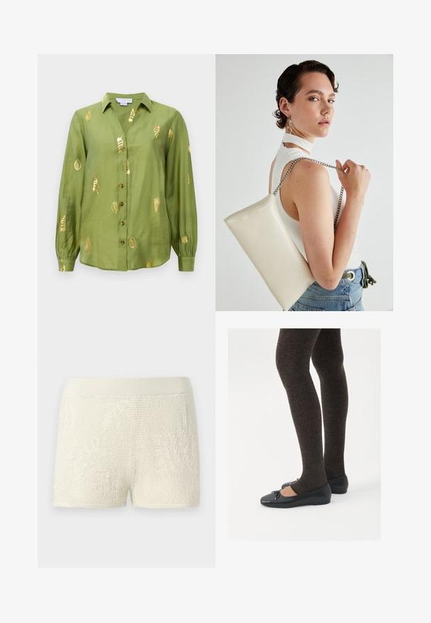 Svetlo olivovo zelená blúzka s dlhým rukávom, golierom, predným gombíkom a kovovými zlatými vzormi mušlí roztrúsenými po látke.; Pletené šortky v off-white farbe s textúrovaným vzorom. Majú široký elastický pás a priliehavý strih.; Čierne ploché topánky s malou mašľou na špičke, v kombinácii s tmavohnedými rebrovanými pančuchami. Topánky majú hladký povrch a nízky profil.; Biely obdĺžnikový kabelka z lesklého materiálu s strieborným reťazovým popruhom. Model predvádza kabelku na jednotnom pozadí.