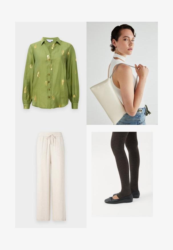 Blouse longue à manches avec col, de couleur vert olive clair, fermée par des boutons sur le devant, avec des motifs de coquillages métalliques dorés dispersés sur le tissu.; Pantalons larges beige clair, fabriqués à partir d'un matériau doux et texturé. Dotés d'une taille élastique avec un cordon de serrage pour un ajustement.; Chaussures plates noires avec un petit nœud au niveau des orteils, associées à des collants côtelés marron foncé. Les chaussures ont une texture lisse et un profil bas.; Pochette rectangulaire blanche en matériau brillant, avec une bandoulière en chaîne argentée. Le modèle pose en mettant en valeur le sac contre un fond uni.
