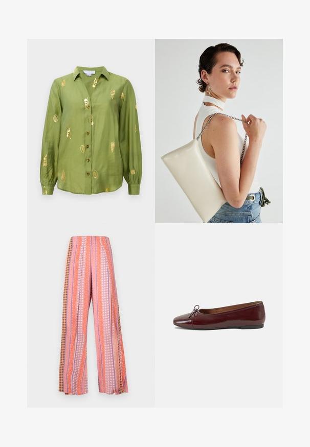 Bluză lungă cu mâneci dintr-o nuanță de verde măsliniu deschis, cu guler, închidere cu butoane și motive metalice de scoici aurii dispuse pe întreaga suprafață a materialului.; Pantaloni largi cu dungi verticale în nuanțe de roz, portocaliu și maroniu. Modelele includ designuri florale și geometrice.; Balerini din piele patent burgund cu vârful rotund, accent de fundiță mică în față și talpă joasă din cauciuc negru. Textură netedă.; Geantă de clutch rectangulară albă, realizată dintr-un material lucios, având o curea de lanț argintie. Modelul pozează, evidențiind geanta pe un fundal simplu.