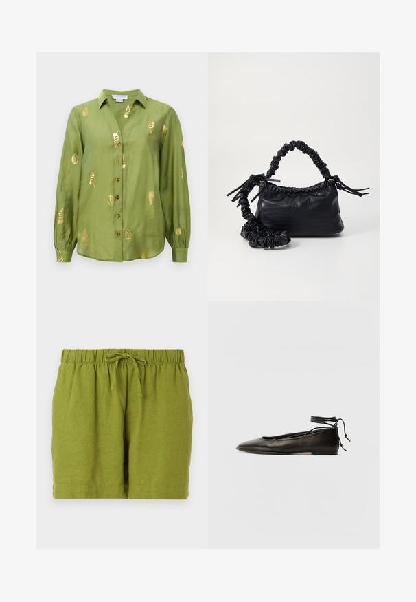Blusa a maniche lunghe verde oliva chiaro con colletto, chiusura frontale con bottoni e motivi di conchiglie metalliche dorate sparsi sul tessuto.; Pantaloni corti in lino verde con vita elasticizzata e cordoncino regolabile, caratterizzati da una vestibilità rilassata e orlo dritto.; Ballerine in pelle nera con punta affusolata, laccio alla caviglia e suola piatta, caratterizzate da una texture liscia e un design minimalista.; Borsa a tracolla in ecopelle nera con texture a coccodrillo, apertura cinchata e tracolla arricciata. Si presenta con un design morbido e compatto.
