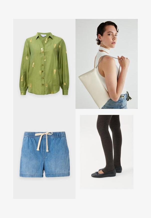 Blusa a maniche lunghe verde oliva chiaro con colletto, chiusura frontale con bottoni e motivi di conchiglie metalliche dorate sparsi sul tessuto.; Pantaloni shorts in denim azzurro chiaro con vita elasticizzata, cordoncino beige regolabile e texture liscia, caratterizzati da orli arrotolati.; Scarpe nere a flat con un piccolo fiocco sulla punta, abbinate a collant a coste marrone scuro. Le scarpe hanno una texture liscia e un profilo basso.; Borsa a pochette rettangolare bianca realizzata in materiale lucido, con una tracolla in catena argentata. Il modello posa, mostrando la borsa su uno sfondo semplice.
