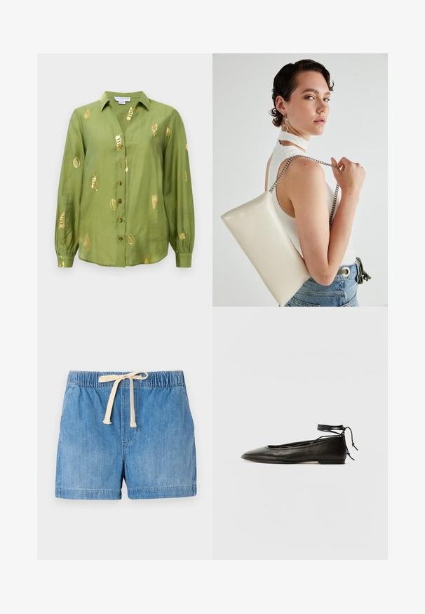 Blouse longue à manches avec col, de couleur vert olive clair, fermée par des boutons sur le devant, avec des motifs de coquillages métalliques dorés dispersés sur le tissu.; Shorts en denim de couleur bleu clair avec une taille élastique, cordon de serrage beige réglable, et texture lisse, avec des ourlets roulés.; Ballerines noires en cuir avec un bout pointu, une attache à la cheville et une semelle plate, caractérisées par une texture lisse et un design minimaliste.; Pochette rectangulaire blanche en matériau brillant, avec une bandoulière en chaîne argentée. Le modèle pose en mettant en valeur le sac contre un fond uni.