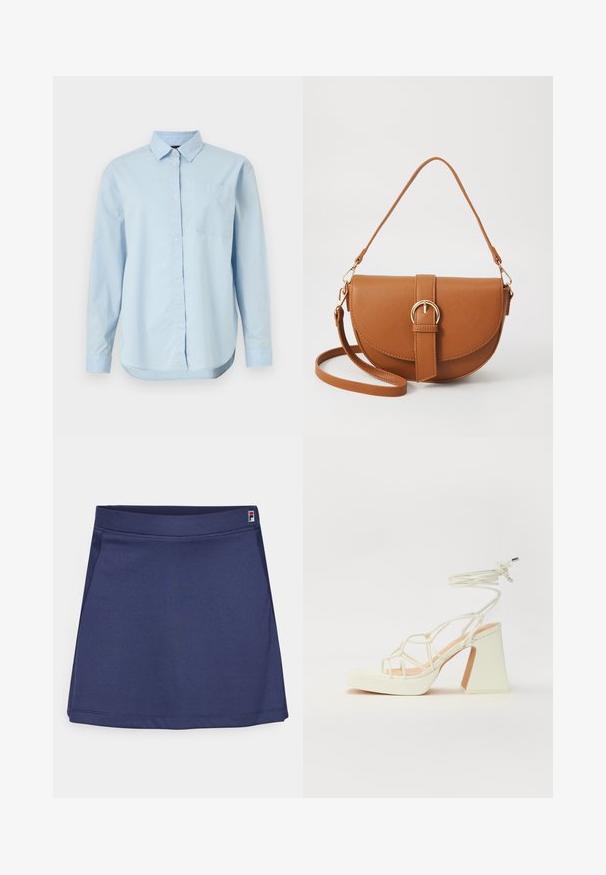 Világoskék, gombos pamut ing, klasszikus gallérral, hosszú ujjal, egyetlen mellzsebbel és ívelt aljjal.; Tengerészkék sport szoknya rugalmas anyagból, lapos derékkal és egy kis logó címkével a jobb felső sarokban. Simaszerkezet.; Fehér, magassarkú szandál vastag sarokkal, pántos dizájnnal és bokapánttal. Sima textúra, elülső platformmal a megnövelt magasság érdekében.; Barna bőr keresztbody táska ívelt formával, aranyszínű fémrészekkel és csat díszítéssel. Levehető vállpánttal rendelkezik.