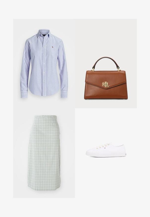 Camisa de botões azul e branca com riscas, com colarinho, apresentando um pequeno logótipo bordado no peito e punhos com botões. Textura de tecido suave.; Uma saia até ao joelho com um padrão quadriculado em verde claro e branco, apresentando uma textura suave e uma silhueta ajustada com bolsos laterais.; Sapatilhas de lona brancas com ilhós dourados, atacadores planos, sola de borracha texturizada e marcas mínimas de branding de lado. Design de baixo perfil.; Mala de couro castanho com um design estruturado, alça superior, ferragens douradas e um destaque do logótipo na frente. Textura suave.