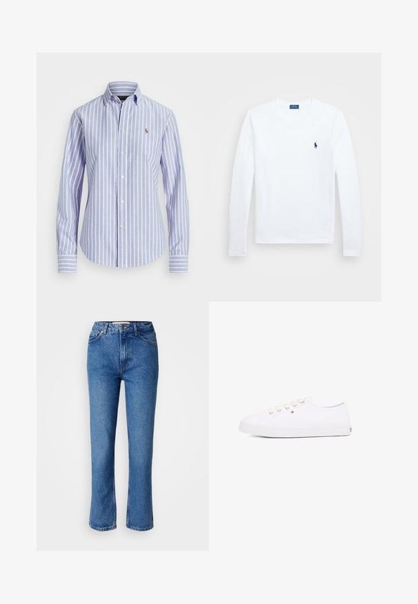 Camisa de botones a rayas azul y blanca con cuello, que presenta un pequeño logotipo bordado en el pecho y puños con botones. Textura de tela suave.; Camisa blanca de manga larga, material de algodón, con cuello redondo, que presenta un pequeño logo en navy en el lado izquierdo del pecho. Diseño simple, ajuste regular.; Jeans de mezclilla azul con corte recto, que presentan un diseño clásico de cinco bolsillos, costuras naranjas y un cierre de botón.; Zapatillas de lona blancas con ojales dorados, cordones planos, suela de goma texturizada y un branding mínimo en el lateral. Diseño de perfil bajo.