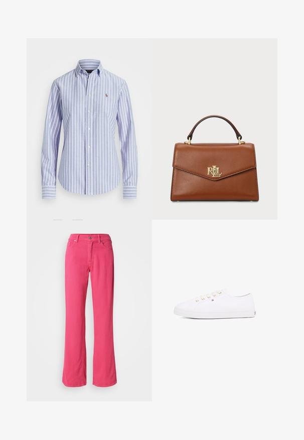 Cămașă cu dungi albastre și albe, cu guler și logo brodat mic pe piept, având manșete butonate. Textură de material moale.; Pantaloni largi roz, din bumbac, cu un nasture în față, fermoar și design clasic cu cinci buzunare. Textură netedă și croială regulară.; Adidași albi din pânză cu oeți aurii, șireturi plate, talpă din cauciuc texturată și branding minim pe lateral. Design cu profil jos.; Geantă de umăr din piele maro, cu un design structurat, un mâner superior, accente din aur și un logo pe față. Textură netedă.