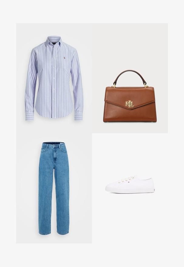 Zila un baltā svītrainā pogas krekls ar apkakli, ar mazu izšūtu logo uz krūšu un pogām sēžamajās piedurknēs. Mīksta auduma tekstūra.; Gaiši zili denim džinsi ar augsto vidukli, platām kājām, ar piecām kabatām un pogu aizdari. Mīksta tekstūra ar nelielu izbalēšanu.; Balti kanvas sporta apavi ar zeltītām acīm, plakanām šņorēm, teksturētu gumijas zoli un minimālu zīmolu uz sāniem. Zema profila dizains.; Brūns ādas rokassoma ar strukturētu dizainu, augšējo rokturi, zelta detaļām un logo akcentu priekšpusē. Gluda tekstūra.