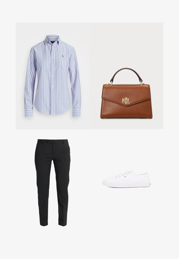 Plava i bijela prugasta košulja na dugmad s ovratnikom, s malim izvezenim logotipom na prsima i dugmadima na manžetama. Mekan teksturni materijal.; Crne krojene hlače izrađene od glatkog materijala, s uskim krojem, ravnim nogavicama, bočnim džepovima i ravnim prednjim dijelom s patentnim zatvaračem.; Bijela platnena tenisica s zlatnim očicama, ravnim vezicama, teksturiranom gumenom potplatom i minimalnim brandom sa strane. Nizak profil dizajna.; Smeđa kožna torba s strukturiranim dizajnom, gornjom drškom, zlatnim metalnim dijelovima i logotipom na prednjoj strani. Glatka tekstura.