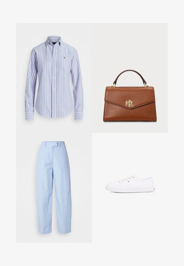 Chemise boutonnée à rayures bleues et blanches avec col, présentant un petit logo brodé sur la poitrine et des poignets à bouton. Texture de tissu douce.; Pantalons larges bleu clair avec des rayures verticales blanches et rouges, dotés d'une taille avec passants de ceinture et de poches latérales.; Sneakers en toile blanches avec œillets dorés, lacets plats, semelle en caoutchouc texturée et branding minimal sur le côté. Design bas.; Sac à main en cuir marron avec un design structuré, une poignée supérieure, des finitions en or et un accent logo sur le devant. Texture lisse.