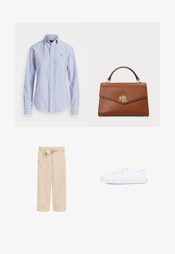 Modrá a bílá pruhovaná košile na knoflíky s límečkem, na hrudi s malým vyšívaným logem a s manžetami na knoflíky. Měkká textilie.; Béžové kalhoty s širokými nohavicemi a texturovaným pásem, se dvěma bočními kapsami a čistým zakončením. Vyrobeno z lehkého materiálu pro pohodlí.; Bílé plátěné tenisky s zlatými očka, plochými tkaničkami, texturovanou gumovou podrážkou a minimálním brandingem na boku. Nízko profilový design.; Hnědá kožená kabelka se strukturovaným designem, horním uchopovacím madlem, zlatými kovovými prvky a akcentem loga na přední straně. Hladká textura.