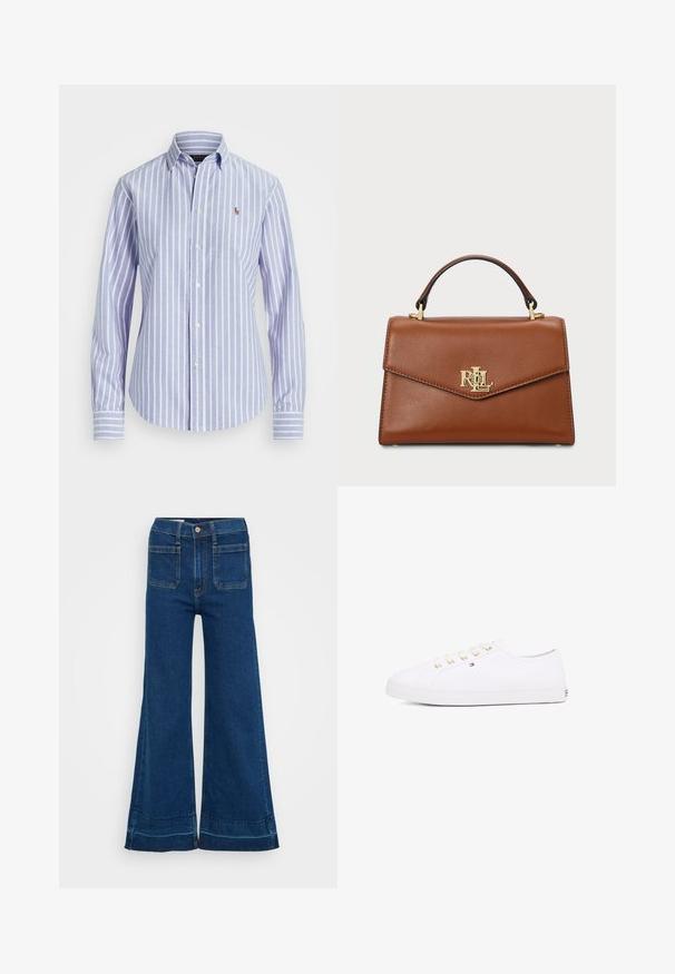 Sinine ja valge triibuline nööpidega särk, millel on kaelus, ning rindkeres väike brodeeritud logo ja nööpidega varrukaotsad. Pehme kangas.; Suurendatud sinised teksad kõrge vöökohaga, millel on nööbiklõps, kaks tagakohta ja mansetid. Tekstuuriga kangas, millel on nähtav õmblus.; Valge kangast tennisemüts kuldsete silmadega, lame pael ja tekstureeritud kummist talla, minimaalse brändimisega küljel. Madala profiiliga disain.; Pruun nahast käekott, millel on struktureeritud disain, ülemine käepide, kullavärvi detailid ja logo aksent ees. Sile tekstuur.