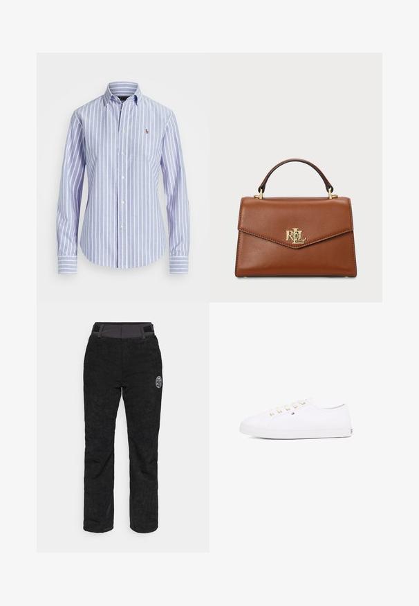 Niebieska i biała w paski koszula z guzikami i kołnierzykiem, z małym haftowanym logo na piersi oraz guziczkami na mankietach. Miękka tekstura materiału.; Czarne spodnie narciarskie z fakturowanej tkaniny, posiadające szeroki pas i zamki na dolnych nogawkach. Zawierają wyszywane logo.; Białe płócienne sneakersy z złotymi oczkami, płaskimi sznurowadłami, teksturowaną gumową podeszwą i minimalnym logo po bokach. Niska sylwetka.; Brązowa skórzana torebka o strukturalnym designie, z górnym uchwytem, złotymi akcentami metalowymi i logo na przodzie. Gładka tekstura.