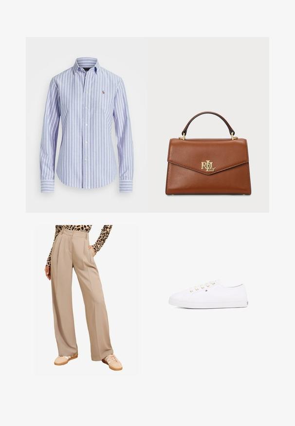 Kék és fehér csíkozott, galléros ing, apró hímzett logóval a mellrészen és gombos mandzsettákkal. Puha anyagú textúra.; Beige széles lábú nadrág, pliszírozott elülső rész, magas derék, oldalsó zsebek, világos színű tornacipőkkel párosítva. Az anyag simának és strukturáltnak tűnik.; Fehér vászon sneaker arany fűzőlyukakkal, lapos fűzőkkel, textúrált gumitalppal és minimális márkázással az oldalon. Alacsony profilú kialakítás.; Barna bőrtáska struktúrált kialakítással, felülről fogható nyéllel, aranyszínű fémrészletekkel és logóval az elején. Simább textúrájú.