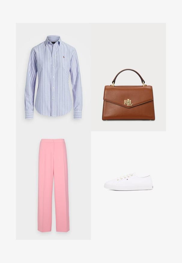 Camicia azzurra e bianca a righe con colletto, dotata di un piccolo logo ricamato sul petto e polsini con bottoni. Tessuto morbido.; Pantaloni rosa a gamba larga realizzati in tessuto morbido, caratterizzati da vita alta, parte frontale plissettata e senza tasche visibili o decorazioni.; Sneaker bianco in tela con occhielli dorati, lacci piatti, suola in gomma strutturata e branding minimale sul lato. Design a profilo basso.; Borsa a tracolla in pelle marrone con un design strutturato, manico superiore, finiture dorate e un logo in evidenza sul davanti. Texture liscia.