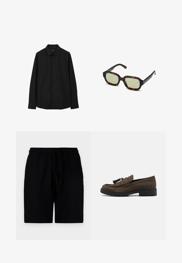 Schwarzes Langarmhemd mit klassischem Kragen, knöpfbarem Frontbereich und glatter Stoffstruktur. Verfügt über gerade Manschetten und ein reguläres Schnittdesign.; Schwarzes, kurzärmeliges T-Shirt aus Baumwolle. Rundhalsausschnitt, lockere Passform, glatte Textur und keine sichtbaren Muster oder Grafiken.; Schwarze Shorts aus leichtem Material mit einem elastischen Bund und Kordelzug, Seitentaschen und einem lockeren Schnitt.; Braune Wildleder-L loafers mit glattem Obermaterial, runder Zehenform und dekorativem Quasten. Sie verfügen über eine robuste schwarze Gummisohle für besseren Halt.; Schildpatt-Sonnenbrille mit grün getönten Gläsern, rechteckiger Form, breitem Rahmen und glatter Oberfläche. Akzente an den Bügeln.