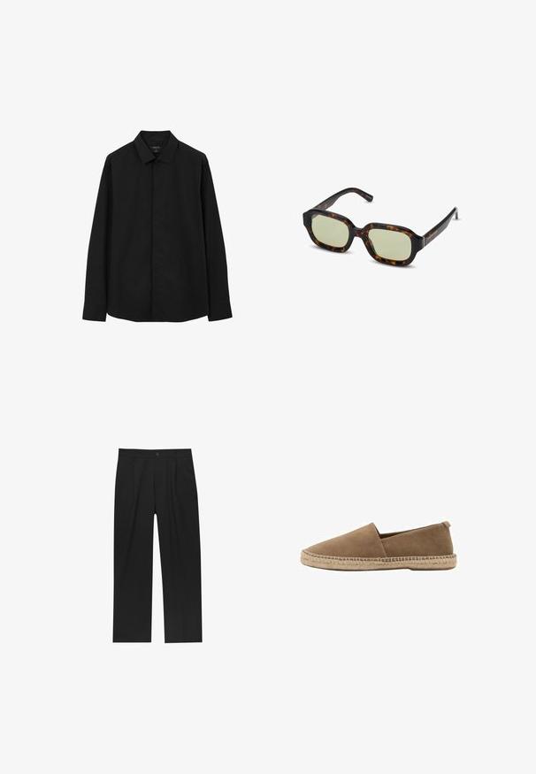 Black long-sleeve shirt with a classic collar, buttoned front, and smooth fabric texture. Features straight cuffs and a regular fit design.; Black pants with a straight-leg design, made from a smooth fabric. Features front pleats and a single button closure at the waist.; Brown suede slip-on shoe with a pointed toe, featuring a woven jute sole and a small back heel for support. Smooth texture and minimalist design.; Tortoiseshell sunglasses with green-tinted lenses, rectangular shape, wide frames, and smooth finish. Accents on the temples.