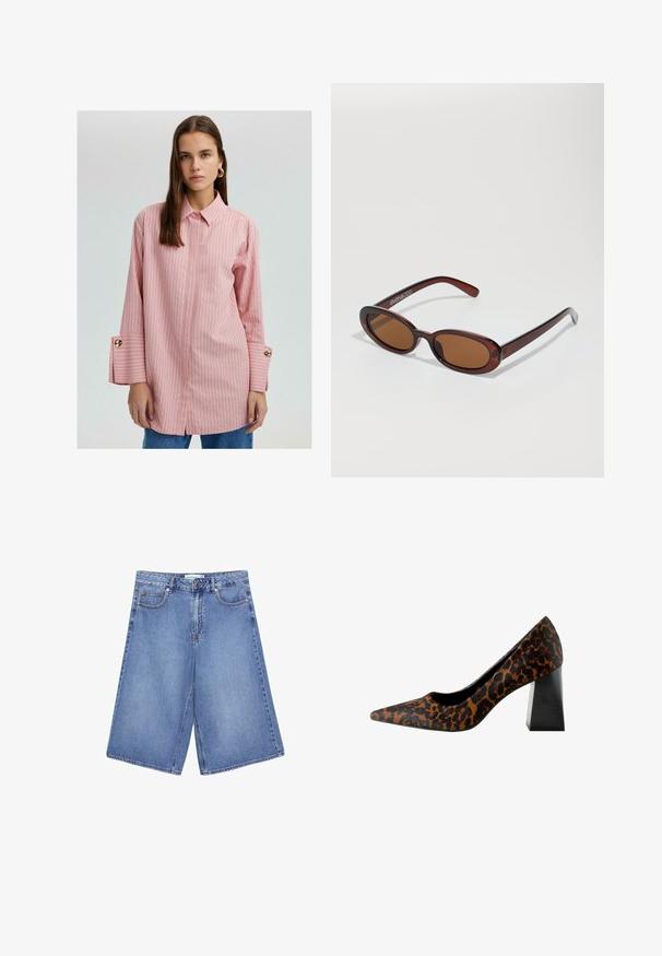 Rosa randig skjorta med knappar och krage, långa ärmar med guldknappdetaljer och delade nederkanter. Slätt tyg med avslappnad passform.; Jeansculotter i ljusblått med breda ben, har fem fickor, knäppning med knapp och diskreta blekningsdetaljer.; Spetsig tå pumps för kvinnor med överdel i brun och svart leopardmönster och tjock, svart klack mot vit bakgrund.; Runda, bruntonade solglasögon med en glansig bordeauxfärgad ram. Smala bågar med subtilt varumärkesdetalj. Platt linsdesign.