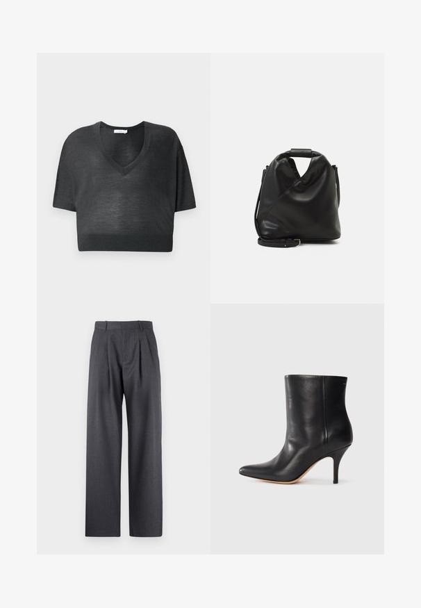 Zwarte cropped T-shirt van lichtgewicht stof, met een V-hals, korte mouwen en een geribbelde zoom. Minimalistisch ontwerp zonder patronen of accenten.; Grijze op maat gemaakte broeken met een recht model, geplooide voorkant en een textuurafwerking, met riemlussen op de taille.; Zwarte leren enkelboot met puntige neus, slanke stilettohak en een gladde textuur. Minimalistisch ontwerp zonder zichtbare hardware of accenten.; Zwarte, zachte leren tas met een unieke gedraaide vorm. Voorzien van een korte handgreep en een afneembare schouderriem. Minimalistische stijl.