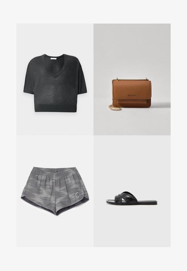 Must have T-särk mustas värvuses, valmistatud kergetest materjalidest, millel on V-kaelus, lühikesed varrukad ja soonikkraega hem. Minimalistlik disain, ilma mustrite ja aktsentideta.; Hallidehallid spordishortsid lainelise mustriga, elastne vöökoht ja küljeavad paindlikkuse jaoks. Kaunistatud väikese valge logoga ääres.; Mustad mustad sandaalid, millel on siledast nahast viimistlus, risti asetatud rihmad ja väljalõiked ning lame, paindlik tald.; Pruun tekstureeritud nahk ristkeha kott kuldse ahelaga rihmaga ja klapiga sulgemine. Esiküljel on logo detail ja tasku klapi all.