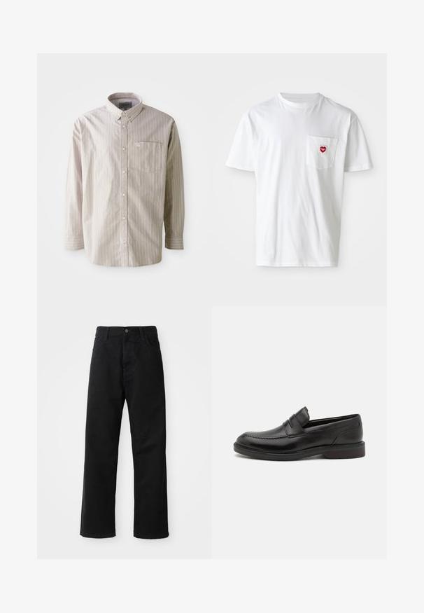 Lys beige skjorte med knapper og lodrette hvide striber, lange ærmer og en brystlomme; lavet af bomuld med en glat overflade.; Hvid bomulds T-shirt med rund halsudskæring og korte ærmer. Har et lille rødt hjerte-logo på venstre brystlomme.; Sorte denimbukser med lige snit, der har frontlommer, lynlås og en enkelt knap i toppen. Struktureret stof med en mat finish.; Sorte læderloafers med en syet tådetalje, to vandrette remme over forsiden, og en træhæl. Glat tekstur og afrundet form.