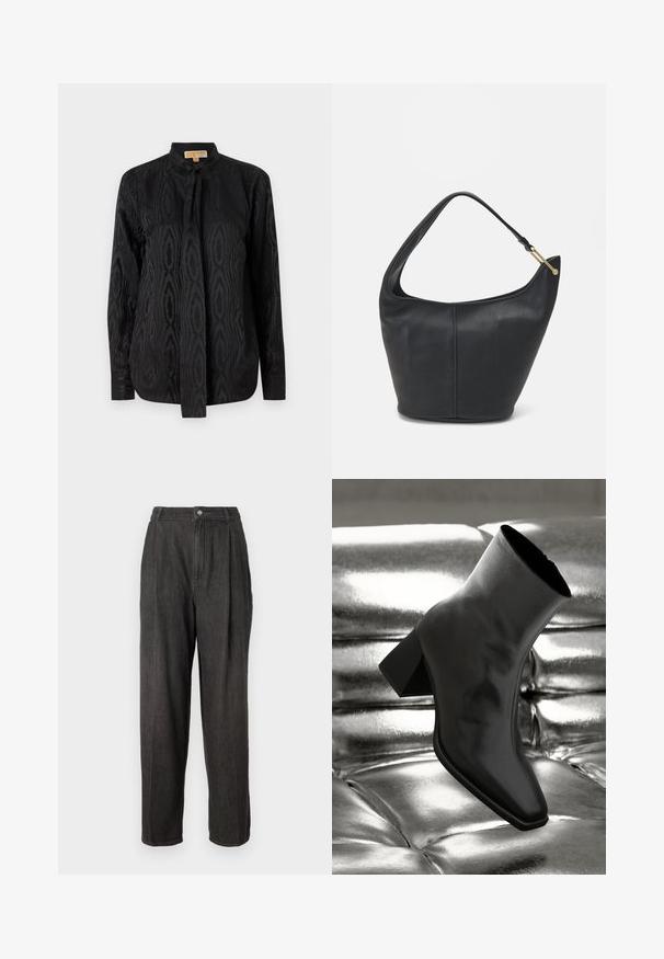 Svart bluse laget av glatt stoff, med et subtilt tone-i-tone mønster, lange ermer, stående krage og knytefeste ved halsen.; Mørkegrå denimbukser med høy midje, legg på forsiden, rette ben og en enkelt knappelukking i midjen.; Sorte ankelstøvler laget av blankt materiale med firkantet tå og avsmalnende hæl, plassert mot en glinsende sølvfarget tuftet bakgrunn.; Svart lærveske med en rund form, bred stropp og strukturert overflate. Har en subtil sømdetalj og gullfarget beslag.