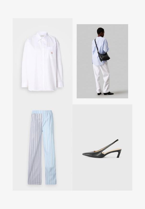 Valge puuvillane nööpidega särk pika varrukaga, rinnakotiga ja väikese CK logo plaastriga kotil. Sile tekstuur ja kohandatud lõige.; Kerged, triibulised püksid, millel on elastsest materjalist vöökoht; omaduseks on vahelduvad helesinised ja valged triibud koos õhukeste hallide aktsentidega.; Must mustaga, terav varvas, madala kontsaga sildiga king, mis on valmistatud siledast nahast ja mille küljel on lõike disain hingavuse tagamiseks.; Must have mustras alasi nahkpatsi, pehme tekstuuriga, kolmnurkse kujuga ja reguleeritava rihmaga, koos helesinise triibulise särgi ja valgete pükstega.