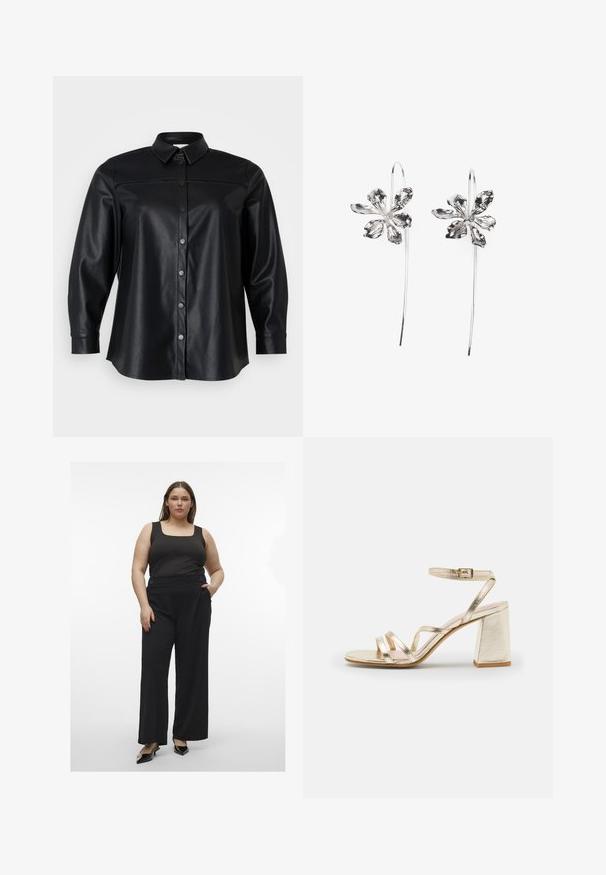 Schwarzes Kunstlederhemd mit klassischem Kragen, langen Ärmeln, Knopfverschluss vorne und glatter Textur. Mit Nahtdetails über der Brust.; Schwarzes Tanktop kombiniert mit weiten schwarzen Hosen, die Knöpfe haben. Das Outfit hat eine glatte Textur und eine moderne, taillierte Silhouette.; Zign LEATHER - High Heel Sandalette - gold; Silberne blumenförmige Ohrringe mit strukturiertem Finish, die lange Haken und blütenblattartige Details für ein filigranes Design aufweisen.