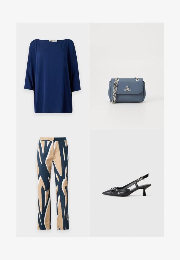 Top larg cu un guler larg și mâneci scurte, de culoare albastru marin, cu o textură netedă și un design minimalist.; Pantaloni largi în navy, bej și cu un model grafic alb. Realizați dintr-un material ușor, cu o textură netedă și o talie ajustată.; Pantofii slingback din piele neagră, cu vârful ascuțit, curele decorative cu ochiuri din metal și toc bloc mic. Suprafață texturată.; Geantă din piele ecologică texturată albastră, cu o curea din lanț argintiu și un accent cu logo pe față. Închidere tip clapetă.