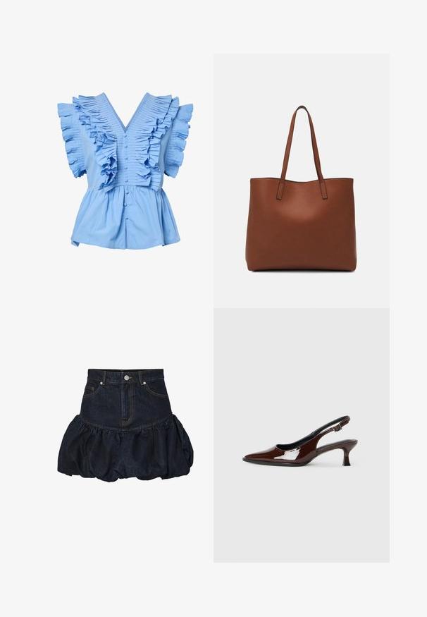 Blusa azul clara de manga curta com decote em V, botões frontais, amplos babados plissados nos ombros e no peito, e cintura peplum franzida.; Saia de ganga escura com cintura ajustada e um fundo plissado e volumoso. Apresenta bolsos frontais e fecho com botão de metal.; Sapato slingback em pele sintética castanha com bico pontiagudo e salto moderado. Apresenta uma fivela para um ajuste seguro. Textura suave.; Bolsa tote de couro castanho com uma textura suave, design de abertura superior e duas alças para o ombro. Apresenta costura mínima e sem hardware visível.