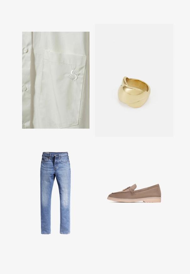 Weißes Hemd mit Knöpfen und einer Brusttasche links, mit einem dezenten gestickten Logo in passendem weißen Faden. Glattes, leichtes Material.; Hellblaue Denim-Jeans mit geradem Bein, fünf Taschen und kontrastierenden Nähten. Der Stoff sieht leicht abgerieben aus.; Brauner Lederloafer mit glatter Textur, versehen mit einem dekorativen Band und goldenen Beschlägen, der auf einer hellbeigen Gummisohle ruht.; Goldfarbener Ring mit einem glatten, gedrehten Design. Er verfügt über eine polierte Oberfläche und abgerundete Kanten, die eine nahtlose, fließende Form erzeugen.