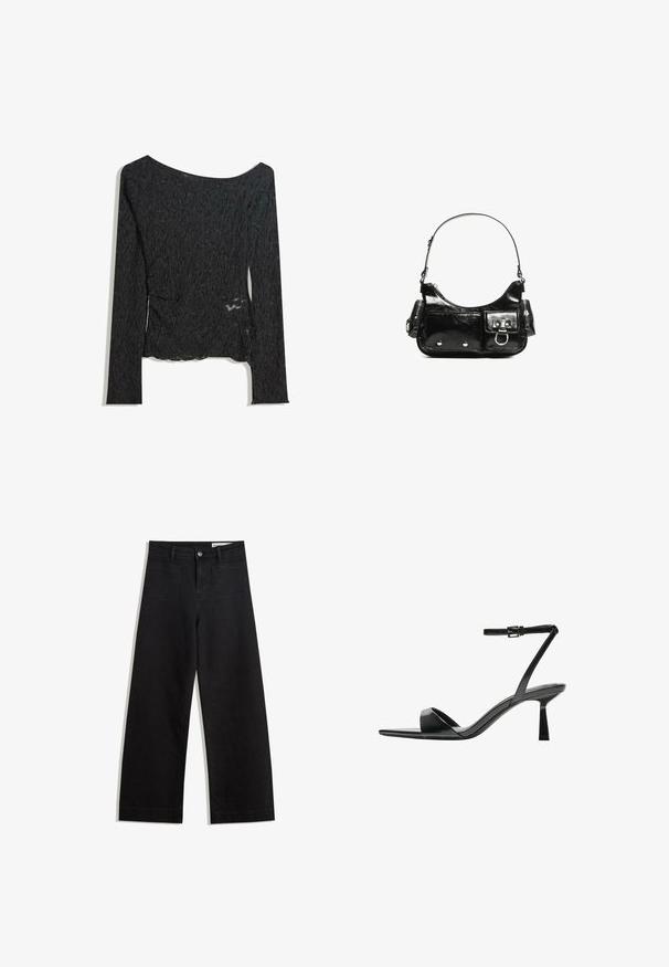 Czarny top z długim rękawem wykonany z teksturowanej tkaniny, z dekoltem w łódkę i szczegółami w postaci rozcięcia po boku, z falistym wzorem na całej powierzchni.; Czarne dżinsowe spodnie o szerokich nogawkach i wysokim stanie, z przednimi i tylnymi kieszeniami, przeszyciami oraz zapięciem na guziki. Gładka struktura.; Bershka - Sandały na obcasie; Czarna torebka z lakierowanej skóry o zaokrąglonym kształcie, z jednym paskiem na ramię, przednimi kieszeniami i akcentami w kolorze srebrnym.