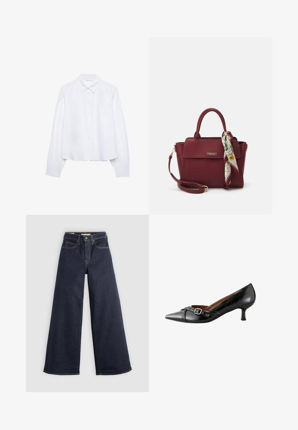 Camicia bianca a maniche lunghe con colletto a punta e polsini arricciati, mostrata su uno sfondo bianco semplice.; Jeans in denim a gamba larga di colore blu scuro con cuciture a contrasto. Caratterizzati da un design tradizionale a cinque tasche e chiusura a bottone in vita.; Décolleté in pelle nera con punta affusolata, tacco curvo e fibbia decorativa. Presenta una texture liscia e una cintura contrastante con dettagli metallici.; Borsa borgogna realizzata in materiale sintetico con un design strutturato, dotata di tracolla removibile e un foulard a motivi floreali legato al manico.