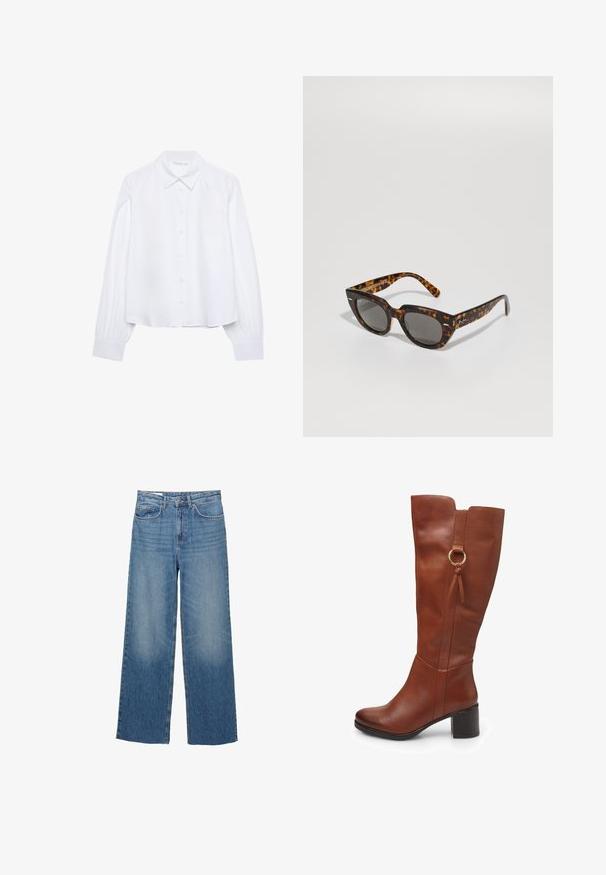Bílá košile s dlouhým rukávem a knoflíkovým zapínáním, s špičatým límcem a nařasenými manžetami, vystavená na jednobarevném bílém pozadí.; Svetle modré široké džíny z denimu s vysokým pasem, dvěma předními kapsami a jemným vyblednutím na stehnech, se standardním zapínáním na knoflík a zip.; Hnědé kožené vysoké boty po kolena s kulatou špičkou, silným podpatkem a bočním zipem. Obsahují dekorativní zlatý kroužek a vázací akcent.; Sluneční brýle s kočičími ušima a šedými skly. Mají úhlové obroučky, lesklý povrch a decentní logo na stranách.; Hnědá kožená kabelka s zakřiveným vrškem, jedním ramenním popruhem a hladkým povrchem. Má minimalistický design a otevřené zapínání.