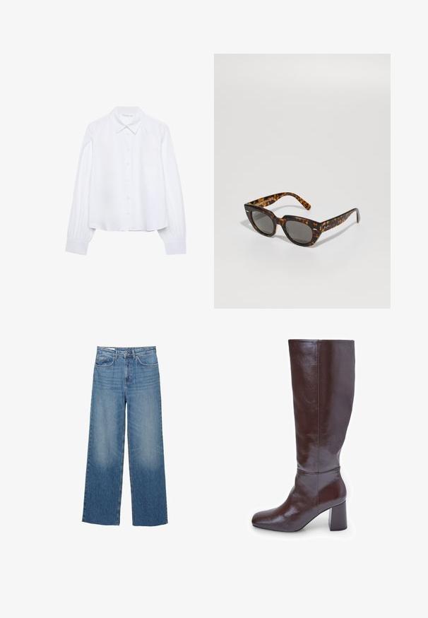 Bílá košile s dlouhým rukávem a knoflíkovým zapínáním, s špičatým límcem a nařasenými manžetami, vystavená na jednobarevném bílém pozadí.; Svetle modré široké džíny z denimu s vysokým pasem, dvěma předními kapsami a jemným vyblednutím na stehnech, se standardním zapínáním na knoflík a zip.; Hnědé kožené vysoké boty až ke kolenům se čtveratou špičkou a masivním podpatkem. Povrch je lesklý, zdůrazňující hladkou texturu a designerské linie.; Sluneční brýle s kočičími ušima a šedými skly. Mají úhlové obroučky, lesklý povrch a decentní logo na stranách.; Hnědá kožená kabelka s zakřiveným vrškem, jedním ramenním popruhem a hladkým povrchem. Má minimalistický design a otevřené zapínání.