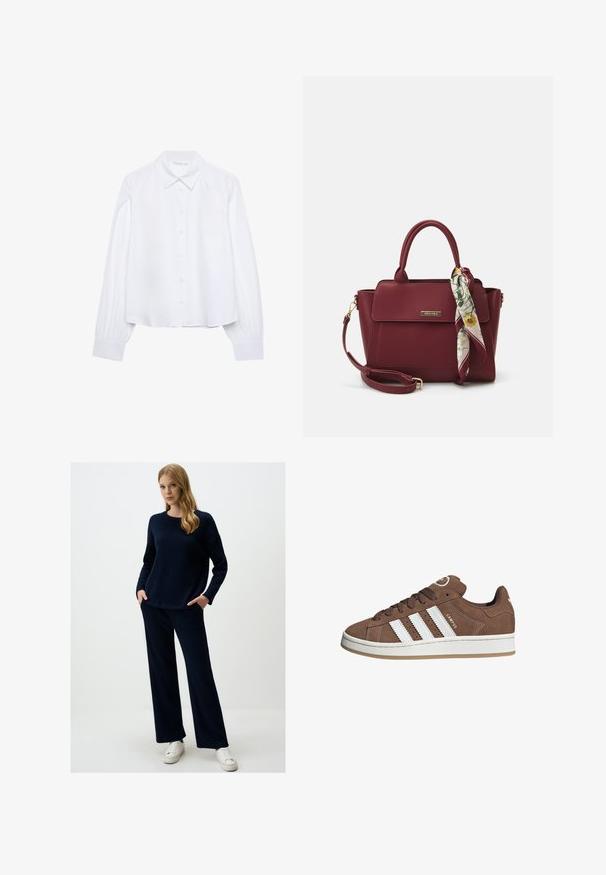 Weißes Langarm-Hemd mit Knopfleiste, spitzem Kragen und gerafften Manschetten, auf einem schlichten weißen Hintergrund präsentiert.; Marine-blauer Strickpullover und passende weit geschnittene Hose. Strukturierter Stoff, Rundhalsausschnitt und seitliche Taschen. Kombiniert mit weißen Sneakers.; Braune Wildledersneaker mit weißen Lederstreifen, Gummisohle, gerundetem Zehenbereich und Schnürung. Mit einem Logo auf der Zunge und perforierten Akzenten.; Burgunderfarbene Handtasche aus synthetischem Material mit strukturiertem Design, ausgestattet mit einem abnehmbaren Trageriemen und einem blumenmusternden Schal, der am Griff gebunden ist.