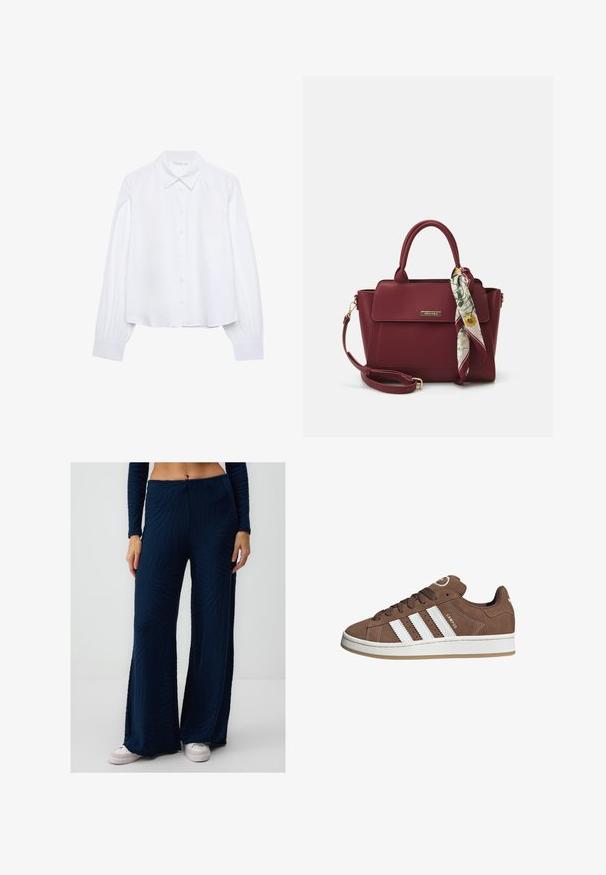 Weißes Langarm-Hemd mit Knopfleiste, spitzem Kragen und gerafften Manschetten, auf einem schlichten weißen Hintergrund präsentiert.; Navyblaue, ausgestellte Hose aus strukturiertem Stoff mit einem Zebramuster; hochtailliertes Design; getragen mit weißen Sneakers.; Braune Wildledersneaker mit weißen Lederstreifen, Gummisohle, gerundetem Zehenbereich und Schnürung. Mit einem Logo auf der Zunge und perforierten Akzenten.; Burgunderfarbene Handtasche aus synthetischem Material mit strukturiertem Design, ausgestattet mit einem abnehmbaren Trageriemen und einem blumenmusternden Schal, der am Griff gebunden ist.