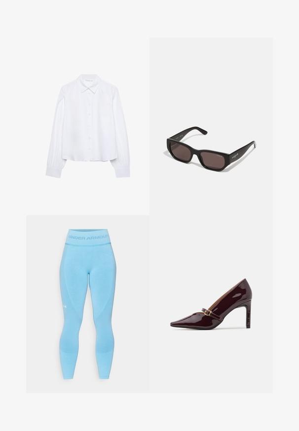 Vit långärmad skjorta med knappar och spetsig krage, med samlade manschetter, visad på en ren vit bakgrund.; Ljusblå idrottsleggings med hög midja, texturerade detaljer och "Under Armour"-logotypen i en kontrasterande nyans på midjan och sidan.; Patent vinröd högklackad sko med spetsig tå, ankelrem med guldfärgad detaljer och en slät, polerad yta. Högt stilettklack.; Svarta rektangulära solglasögon med mörka linser. Har en slät plastbåge och logobrand på skalmen. Ren, modern design.; Burgundy handväska i syntetmaterial med en strukturerad design, som har ett avtagbart band och en scarf med blommönster knuten vid handtaget.