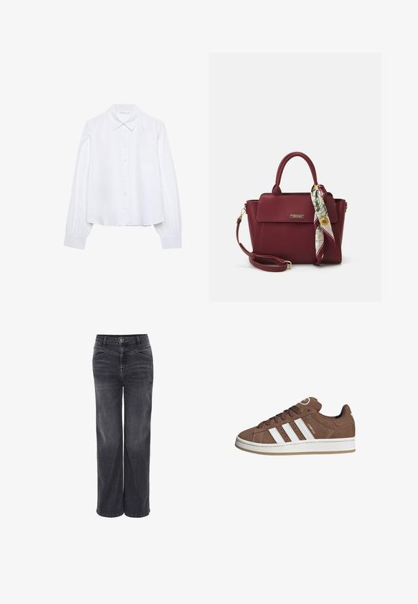 White long-sleeve button-up shirt with a pointed collar and gathered cuffs, displayed on a plain white background.; Black wide-leg denim jeans featuring a high waist, subtle stitching accents, and five-pocket design, made of textured mid-weight fabric.; Brown suede sneakers with white leather stripes, rubber sole, rounded toe, and lace-up front. Features a logo on the tongue and perforated accents.; Burgundy handbag made of synthetic material with a structured design, featuring a detachable strap and a floral-patterned scarf tied to the handle.