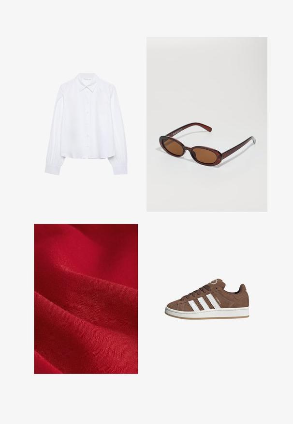 Chemise blanche à manches longues à col pointu et poignets froncés, présentée sur un fond blanc uni.; Tissu rouge avec une texture lisse, présentant un tissage fin et un léger éclat, affichant de douces plis et contours.; Baskets en daim marron avec des bandes en cuir blanc, semelle en caoutchouc, bout arrondi et lacets. Comprend un logo sur la languette et des accents perforés.; Lunettes de soleil rondes teinte brun avec une monture bordeaux brillante. Branches fines avec un détail de marque subtil. Design de verres plats.; Sac à main bourgogne en matériau synthétique avec un design structuré, doté d'une bandoulière amovible et d'un foulard à motif floral noué au poignet.; Montre à quartz Casio avec un cadran rectangulaire argenté, des accents en or et un bracelet en métal bicolore argent et or. Fonction étanche.