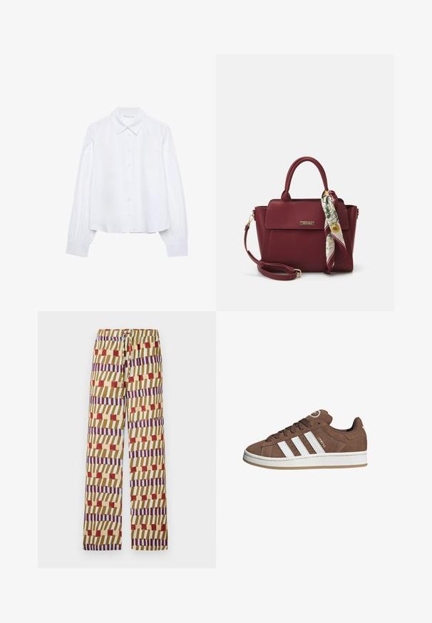 Bílá košile s dlouhým rukávem a knoflíkovým zapínáním, s špičatým límcem a nařasenými manžetami, vystavená na jednobarevném bílém pozadí.; Barevné vzorované kalhoty s elastickým pasem a stahovací šňůrkou, vyrobené z lehkého materiálu. Design zahrnuje pruhy v červené, modré a žluté barvě.; Hnědé semišové tenisky s bílými koženými pruhy, gumovou podrážkou, kulatou špičkou a šněrováním vpředu. Mají logo na jazyku a perforované detaily.; Burgundská kabelka vyrobená z umělého materiálu se strukturovaným designem, která má odnímatelný popruh a kroužek, na kterém je uvázaný šátek s květinovým vzorem.