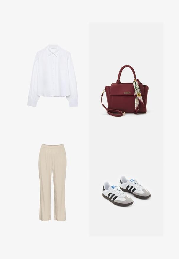Camicia bianca a maniche lunghe con colletto a punta e polsini arricciati, mostrata su uno sfondo bianco semplice.; Pantaloni beige leggeri a gamba larga realizzati in un tessuto testurizzato, con una vita elastica e senza chiusure visibili.; Scarpe sportive con tomaia in pelle bianca, punta in suede grigia e tre strisce nere. Presentano un logo blu sulla linguetta e una suola in gomma testurizzata.; Borsa borgogna realizzata in materiale sintetico con un design strutturato, dotata di tracolla removibile e un foulard a motivi floreali legato al manico.
